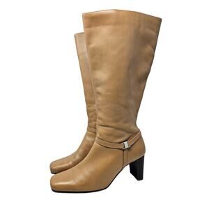 Vintage 90s 10 Nude Beige Square Toe Minimalist Boot Leather Chunky Tan